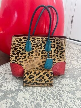 Prada Leopard Haircalf Tote Bag + Wallet Set Teal Red Rare Colorblock Authentic